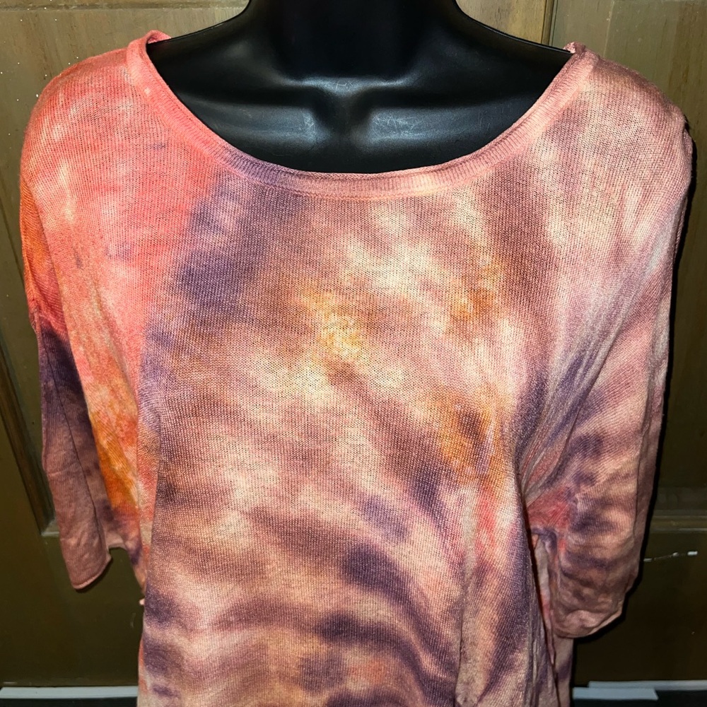 By Together Brown, Red & Purple Tie-Dye Linen Scoop Neck Short Sleeve Top Size L - Picture 5 of 13